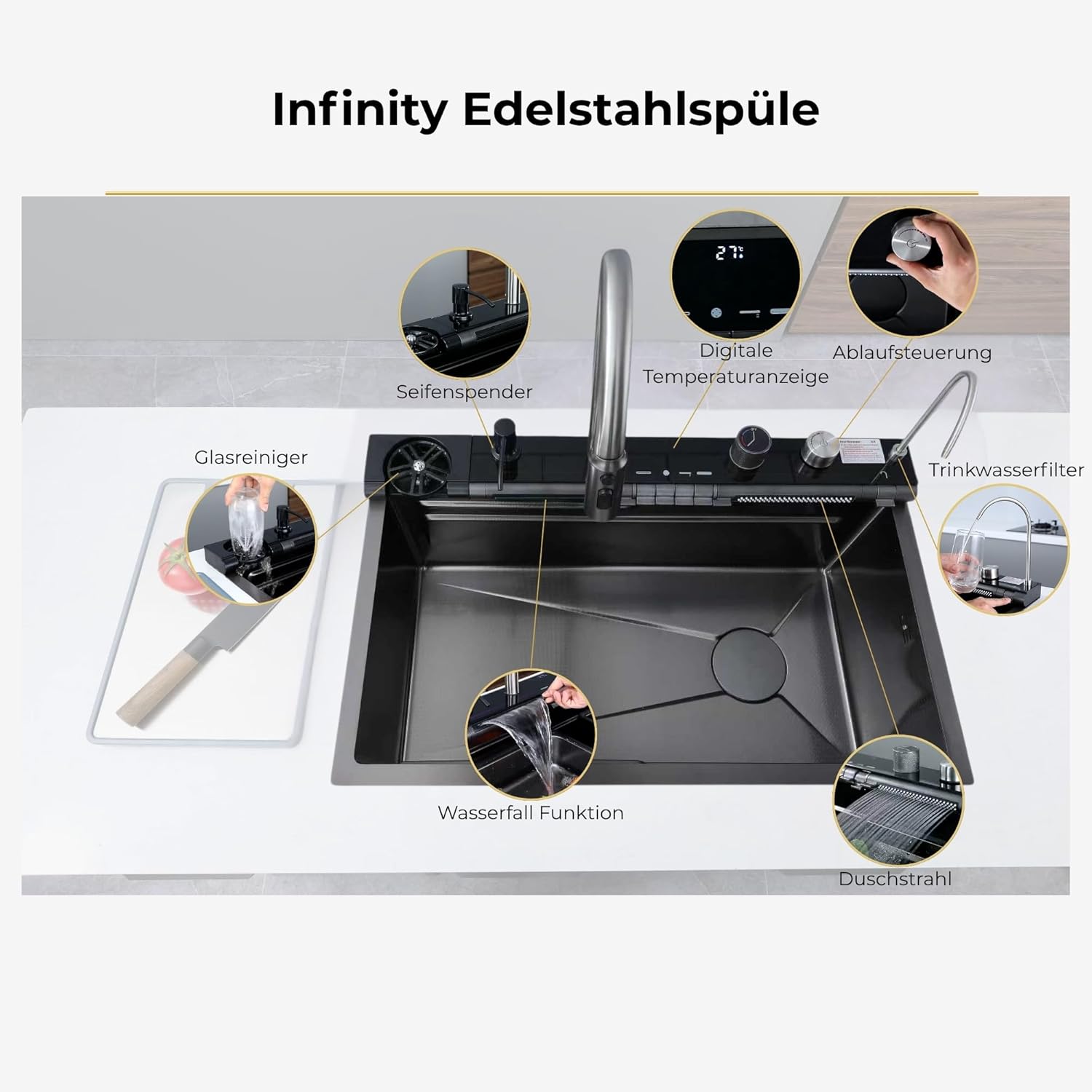 Infinity Edelstahlspüle 75x46 cm Schwarz – Küchenspüle mit Abtropffläche, Armatur mit Sprühfunktion, Glassspüler & Seifenspender | Einbauspüle Küche