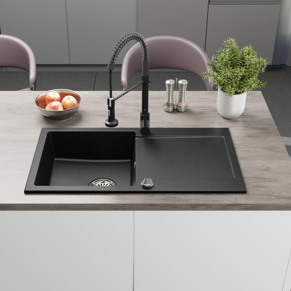 Granitspüle Element 90x50 cm mit Abtropffläche inkl. Armatur & Siphon-Set