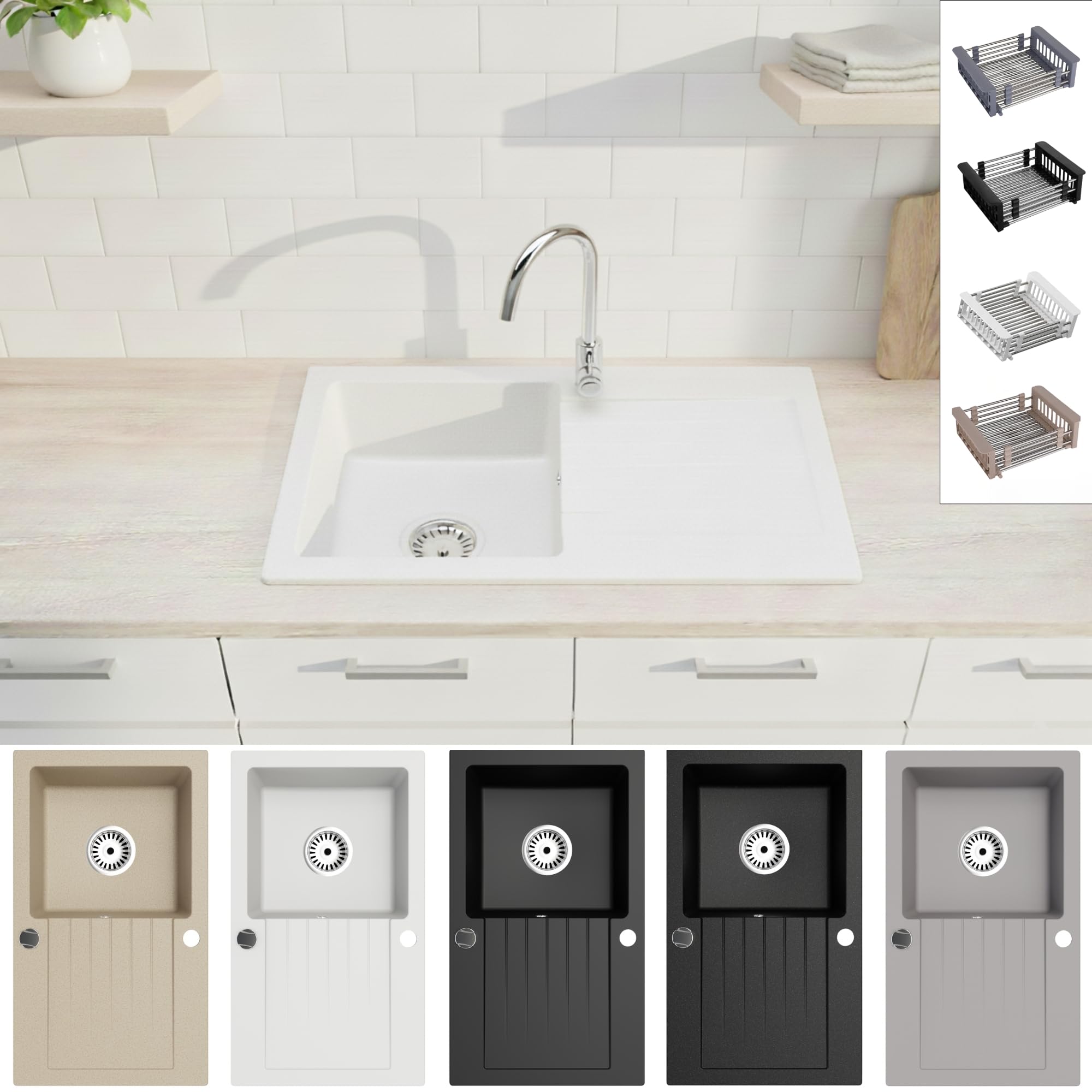 Granitspüle Alisha 75×43,5 cm – Reversible Einbauspüle mit Spülkorb & Siphon-Set Optional mit Armatur