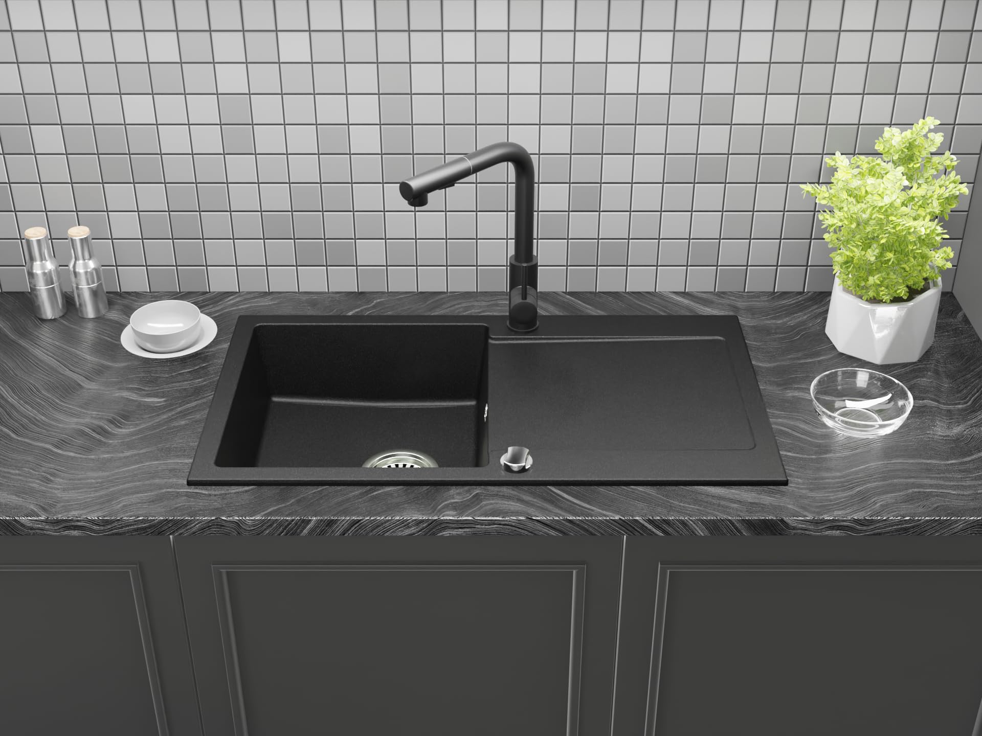 Granitspüle Element 90x50 cm mit Abtropffläche inkl. Armatur & Siphon-Set