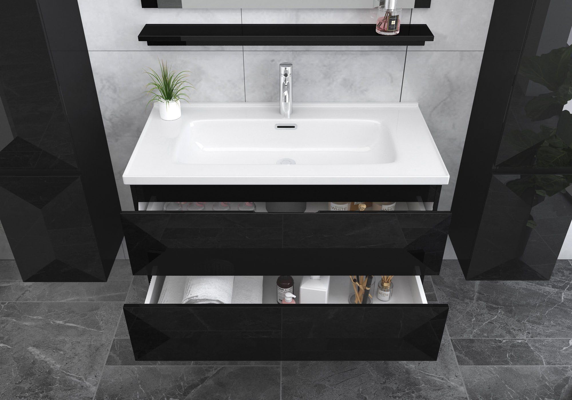 Badmöbel Set 90 cm Schwarz – Waschbecken mit Unterschrank & Spiegel | Faizee Home