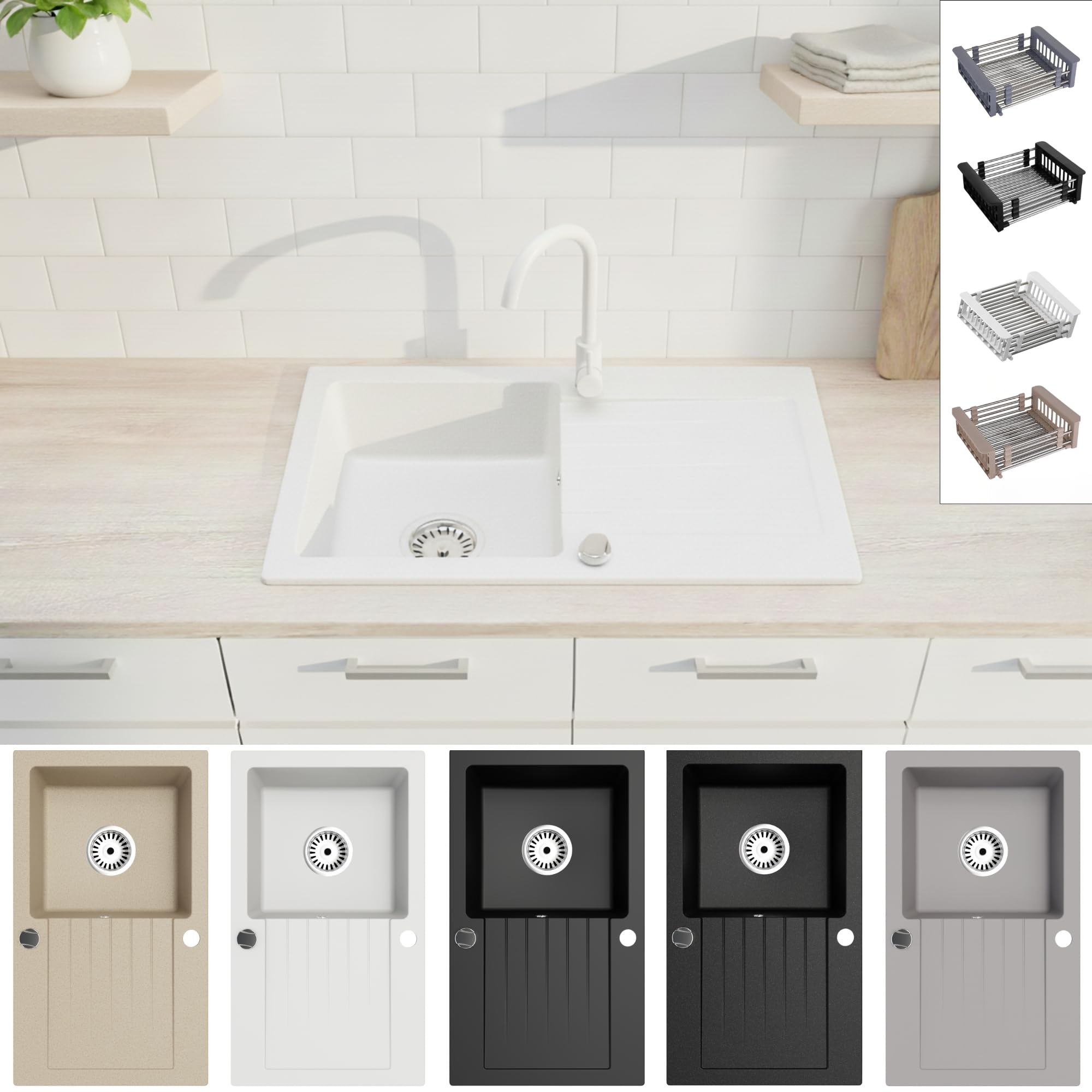 Granitspüle Alisha 75×43,5 cm – Reversible Einbauspüle mit Spülkorb & Siphon-Set Optional mit Armatur