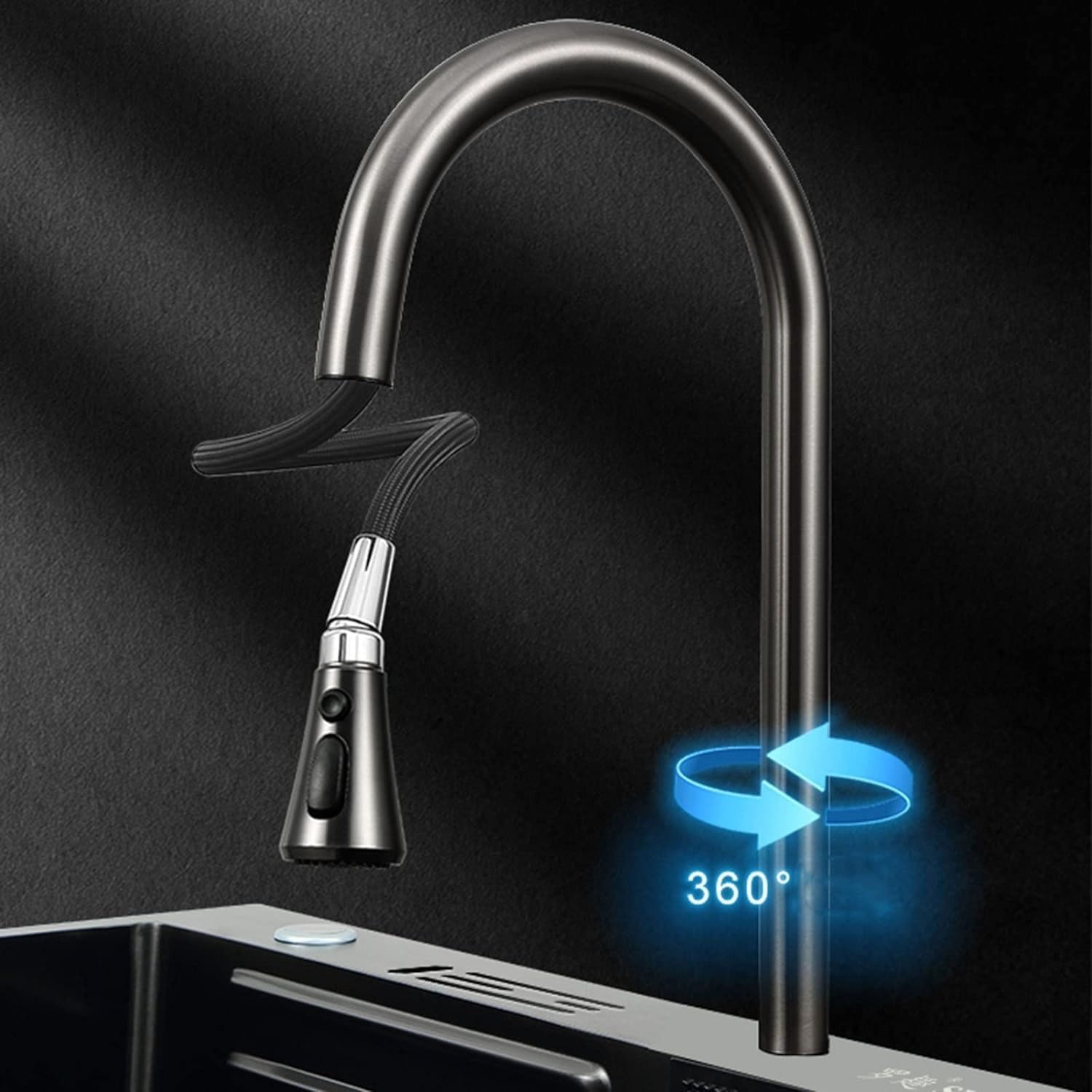 Faizee Home Wasserfall-Küchenspüle 75 × 46 cm – Nano Edelstahl mit 4-fach Armatur, Digitalanzeige & Zubehör – Silber, Schwarz oder Gold