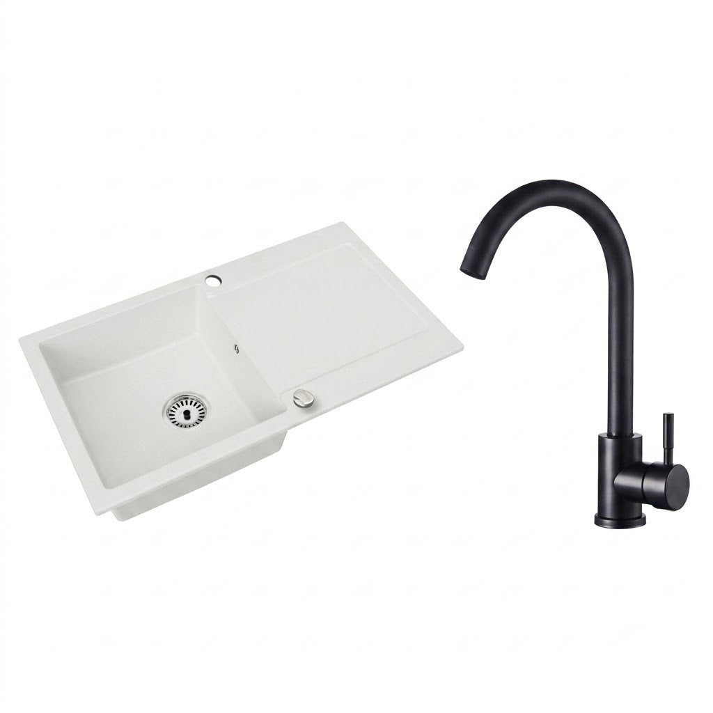 Granitspüle Element mit Abtropffläche – Einbauspüle beidseitig montierbar, inkl. Siphon Mit Armatur