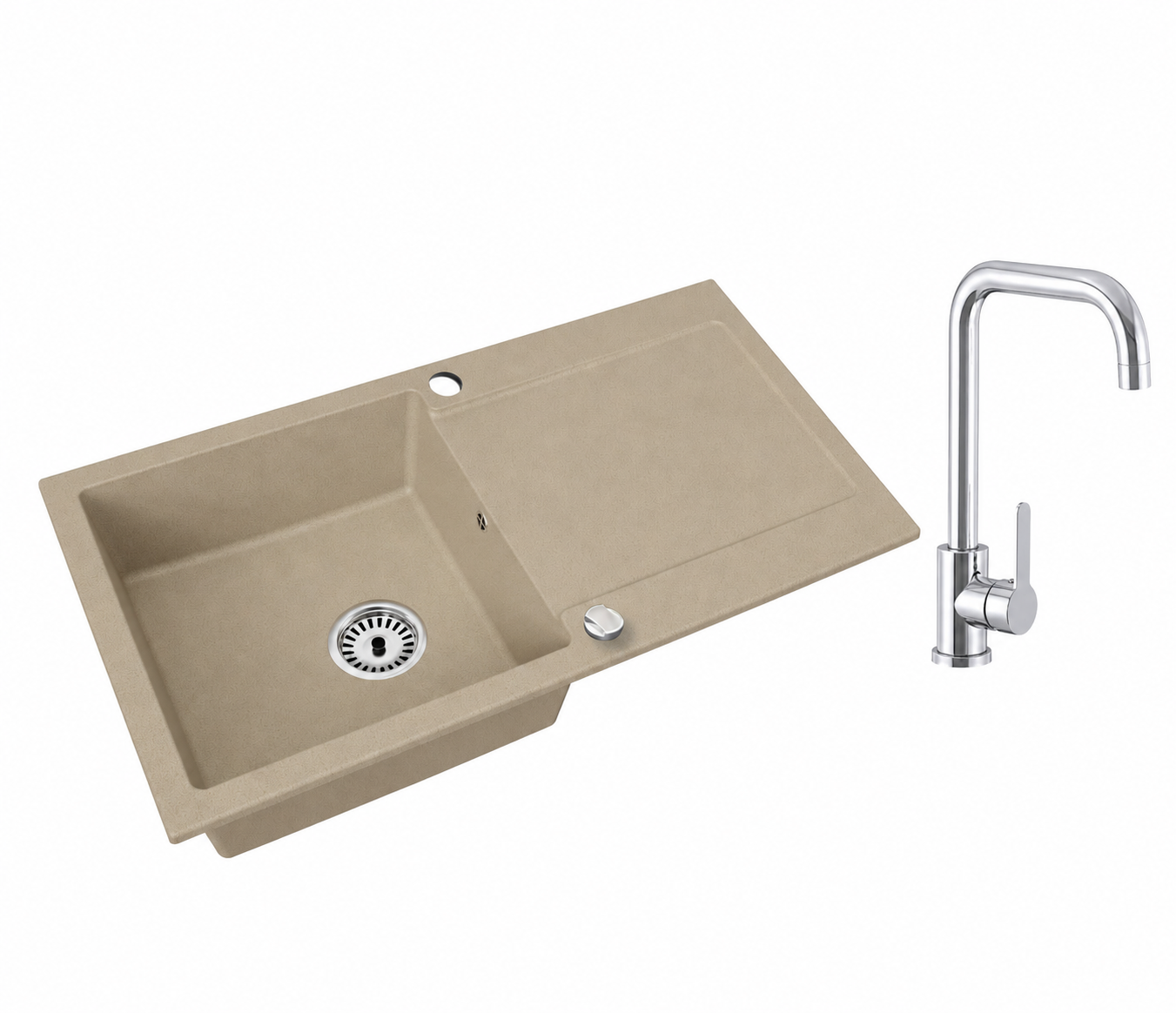 Granitspüle Element mit Abtropffläche – Einbauspüle beidseitig montierbar, inkl. Siphon Mit Armatur