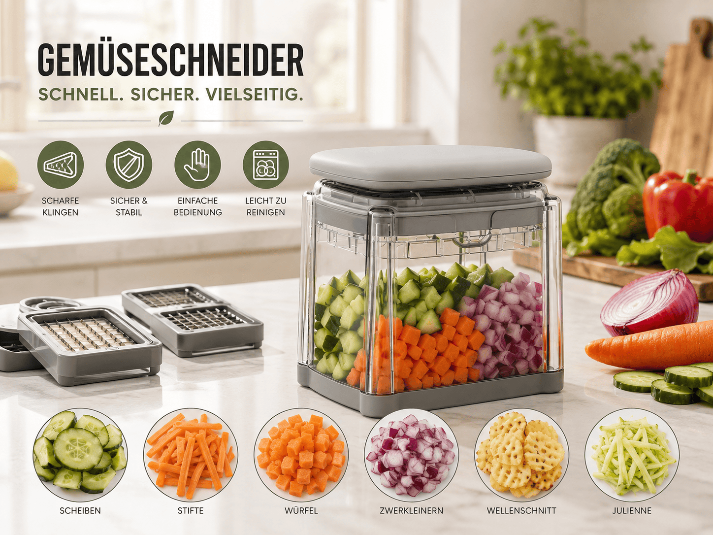 Faizee Home QUICKER Gemüseschneider – 3 Einsätze – Würfeln, Schneiden & Spalten – Mit Auffangbehälter