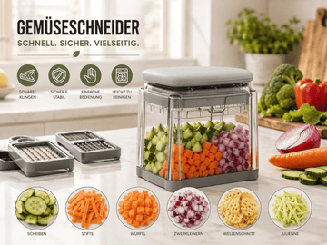 Faizee Home QUICKER Gemüseschneider – 3 Einsätze – Würfeln, Schneiden & Spalten – Mit Auffangbehälter
