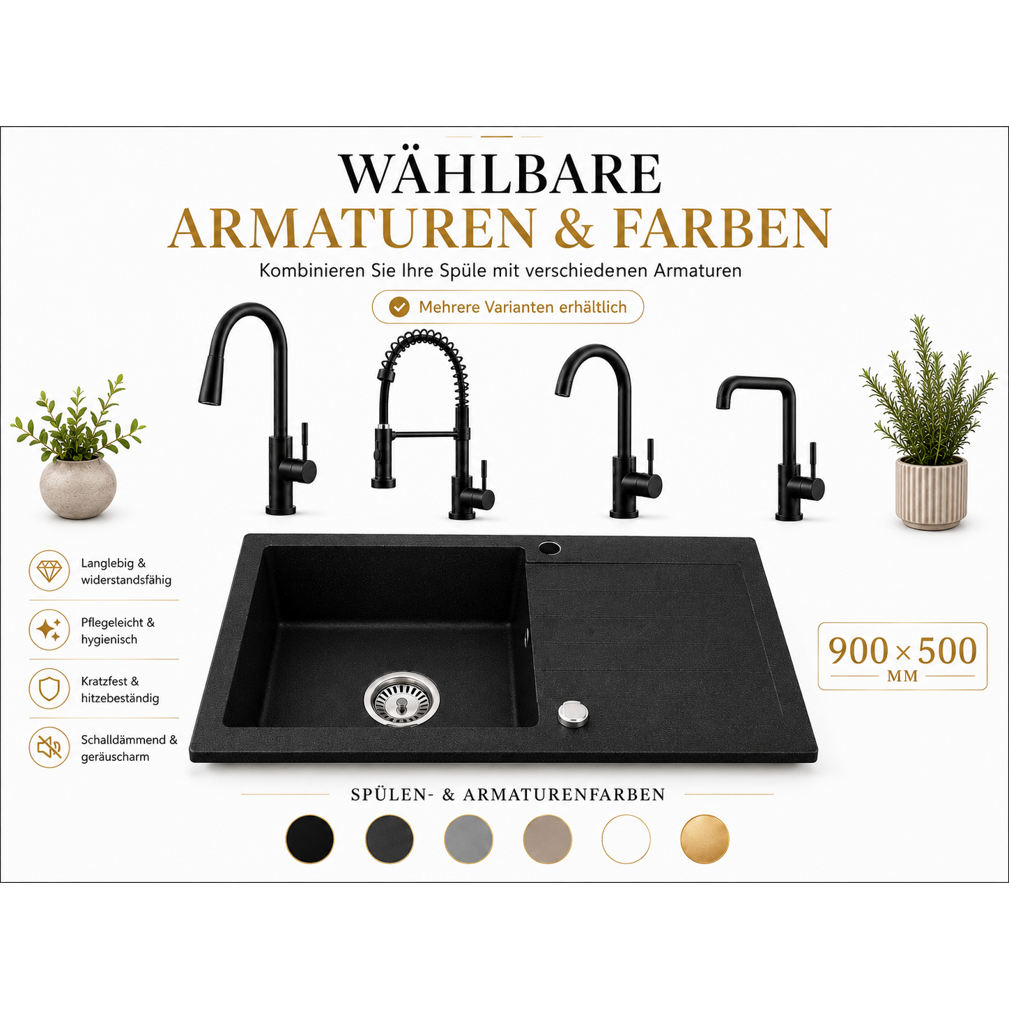 Granitspüle Element mit Abtropffläche – Einbauspüle beidseitig montierbar, inkl. Siphon Mit Armatur