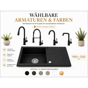 Granitspüle Element mit Abtropffläche – Einbauspüle beidseitig montierbar, inkl. Siphon Mit Armatur