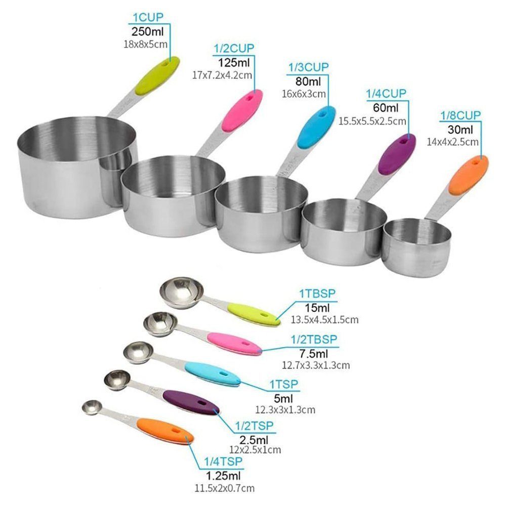 Faizee Home Messbecher & Messlöffel Set 10-teilig – Edelstahl mit Silikongriffen – Stapelbar für Kochen & Backen