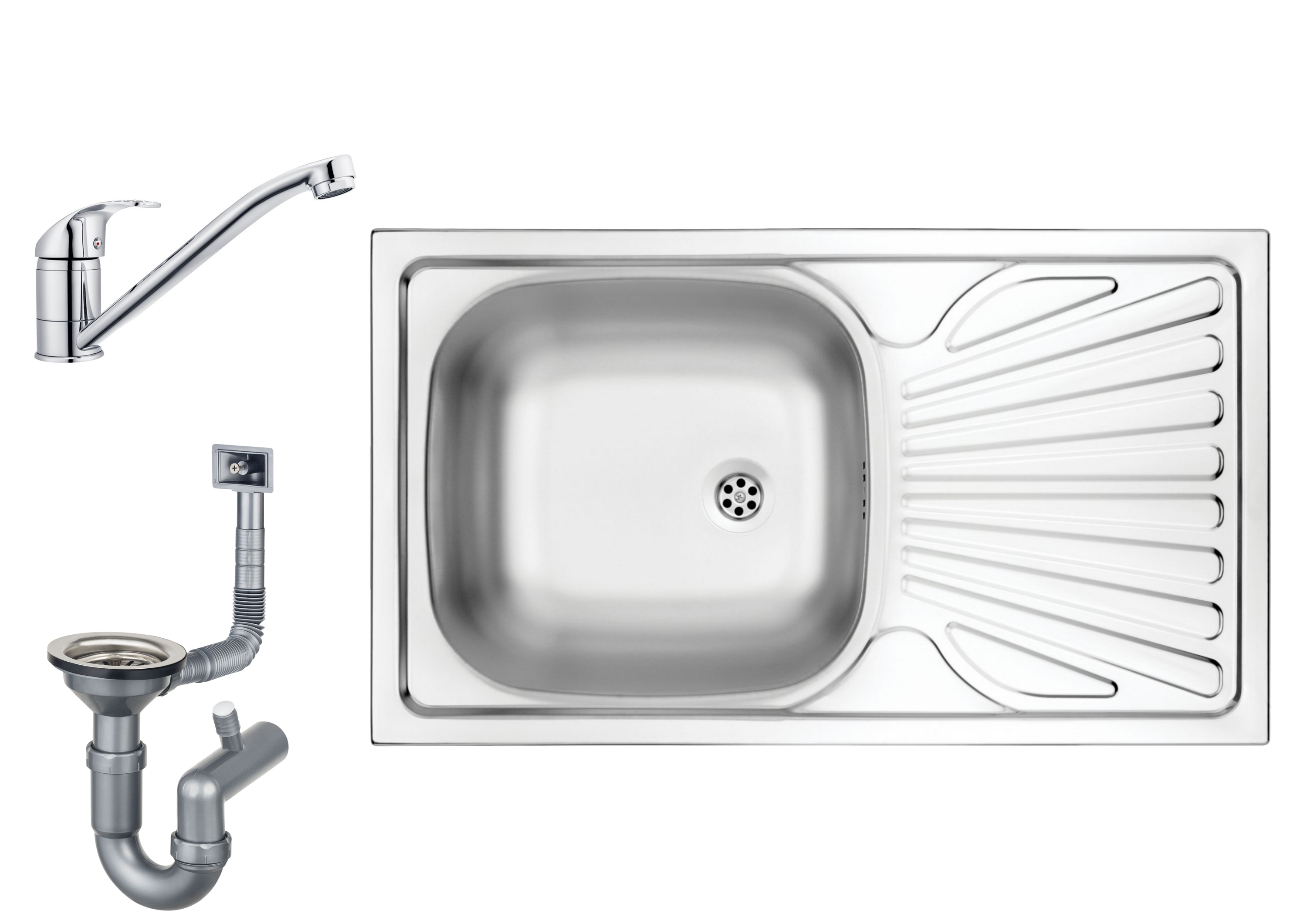 Eingebaute Edelstahlspüle in verschiedenen Größen, inklusive Siphon-Set und Armaturen