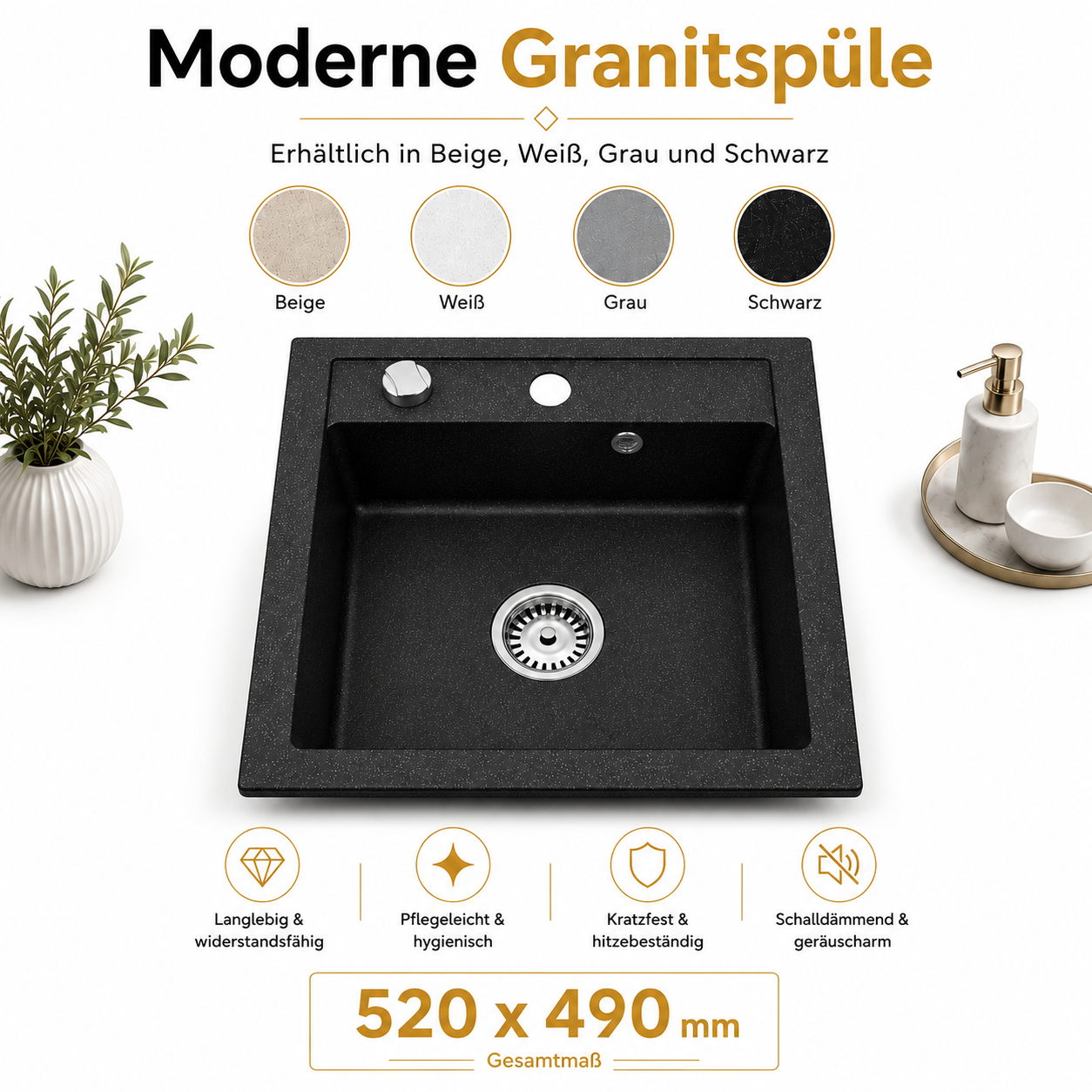Faizee Home Granitspüle Milano 52 × 49 cm – eckige Einbauspüle inkl. Siphon & Drehexzenter