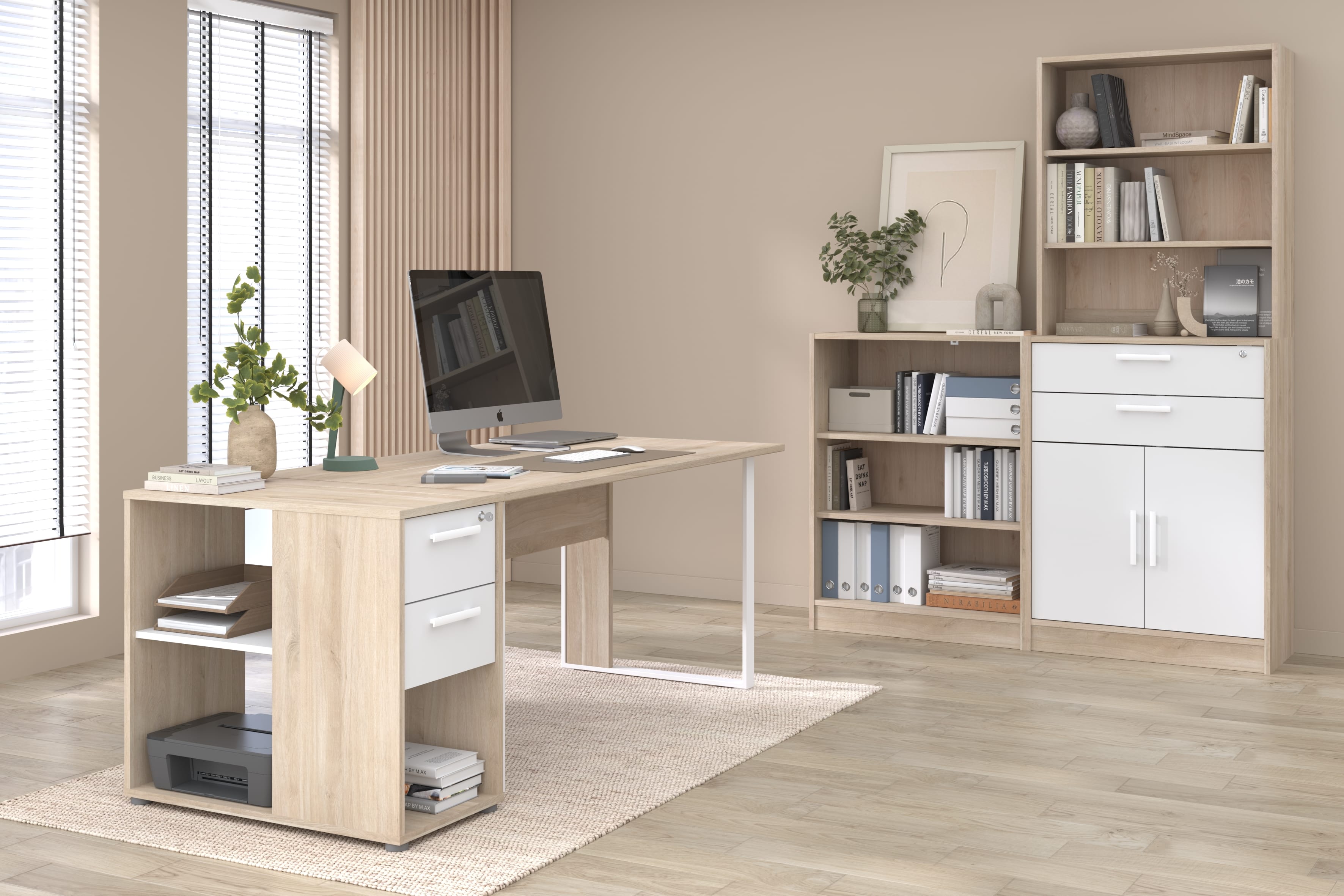 Parisot Start Up 13 Büro-Komplett-Set – Schreibtisch, Container, 2 Regale & Regalaufsatz – Weiß / Japanische Eiche