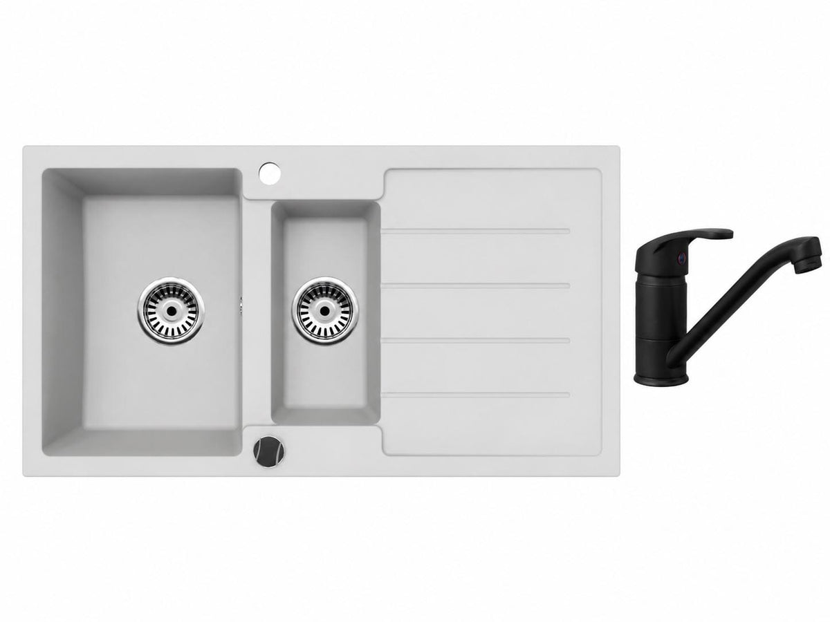 Faizee Home Granitspüle 100 × 50 cm mit 1,5 Becken – inkl. wählbarer Armatur & Siphon-Set