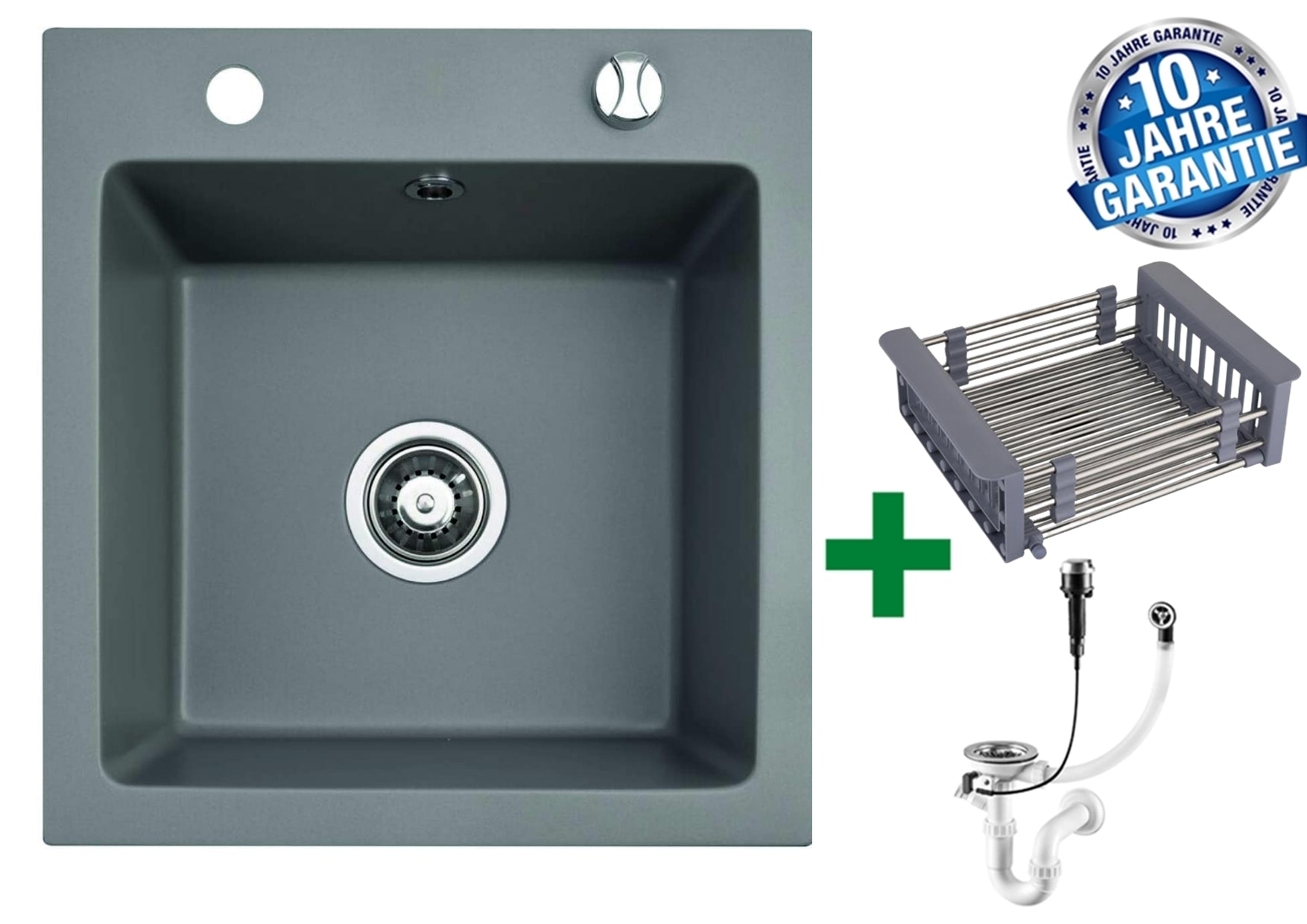 Granit-Spülbecken 48x50 + Geschirrkorb – mit/ohne Armatur + Siphon-Set