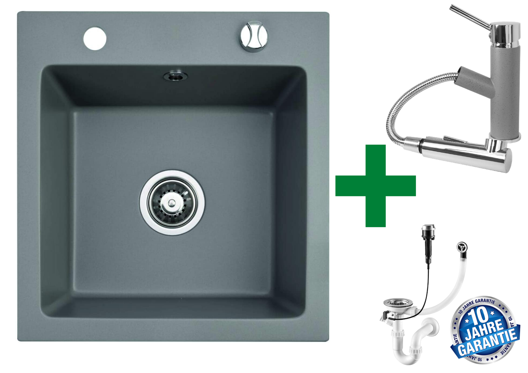 Granitspüle 48x50 + Armatur Cado – inkl. Siphon-Set