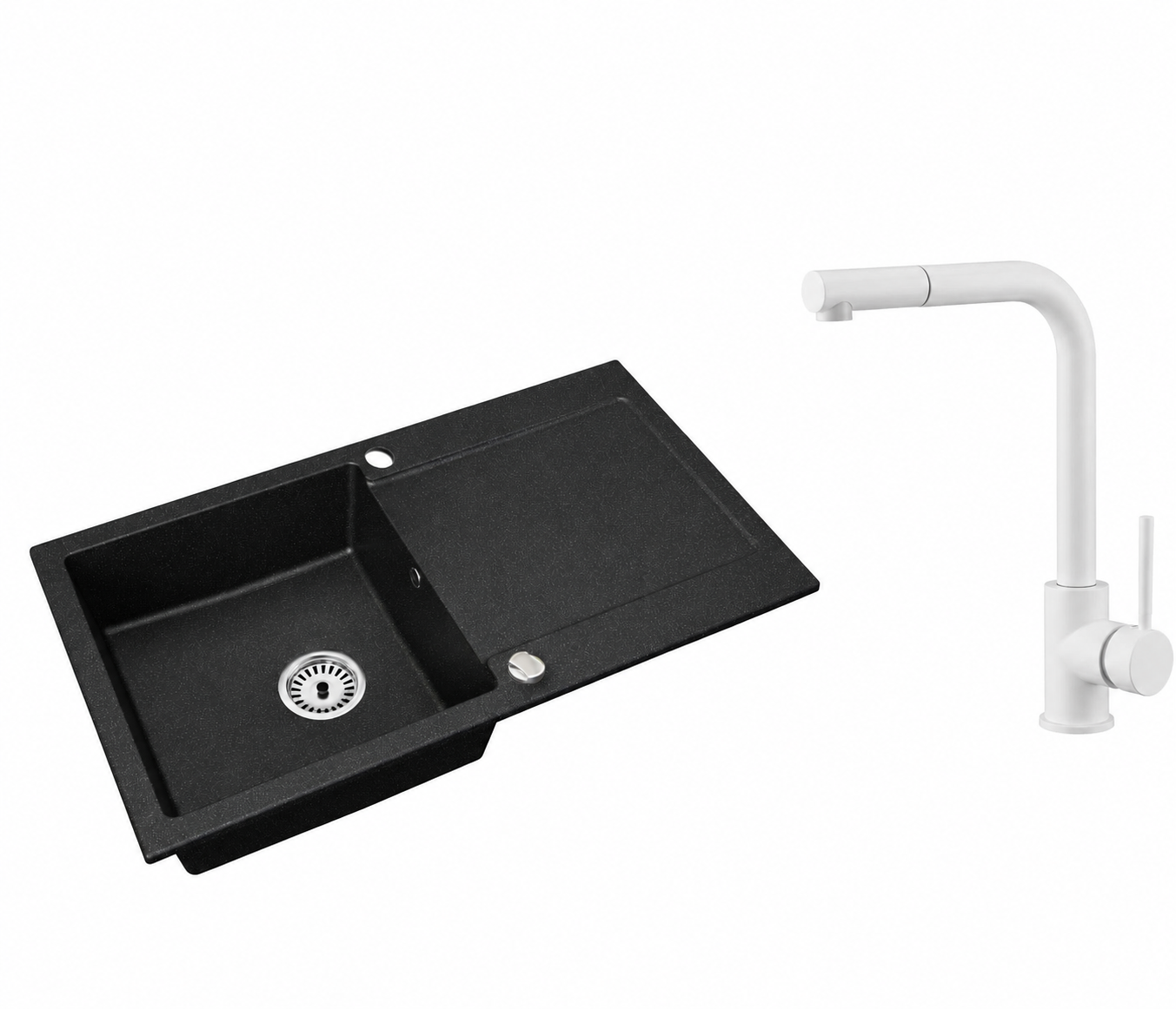 Granitspüle Element mit Abtropffläche – Einbauspüle beidseitig montierbar, inkl. Siphon Mit Armatur