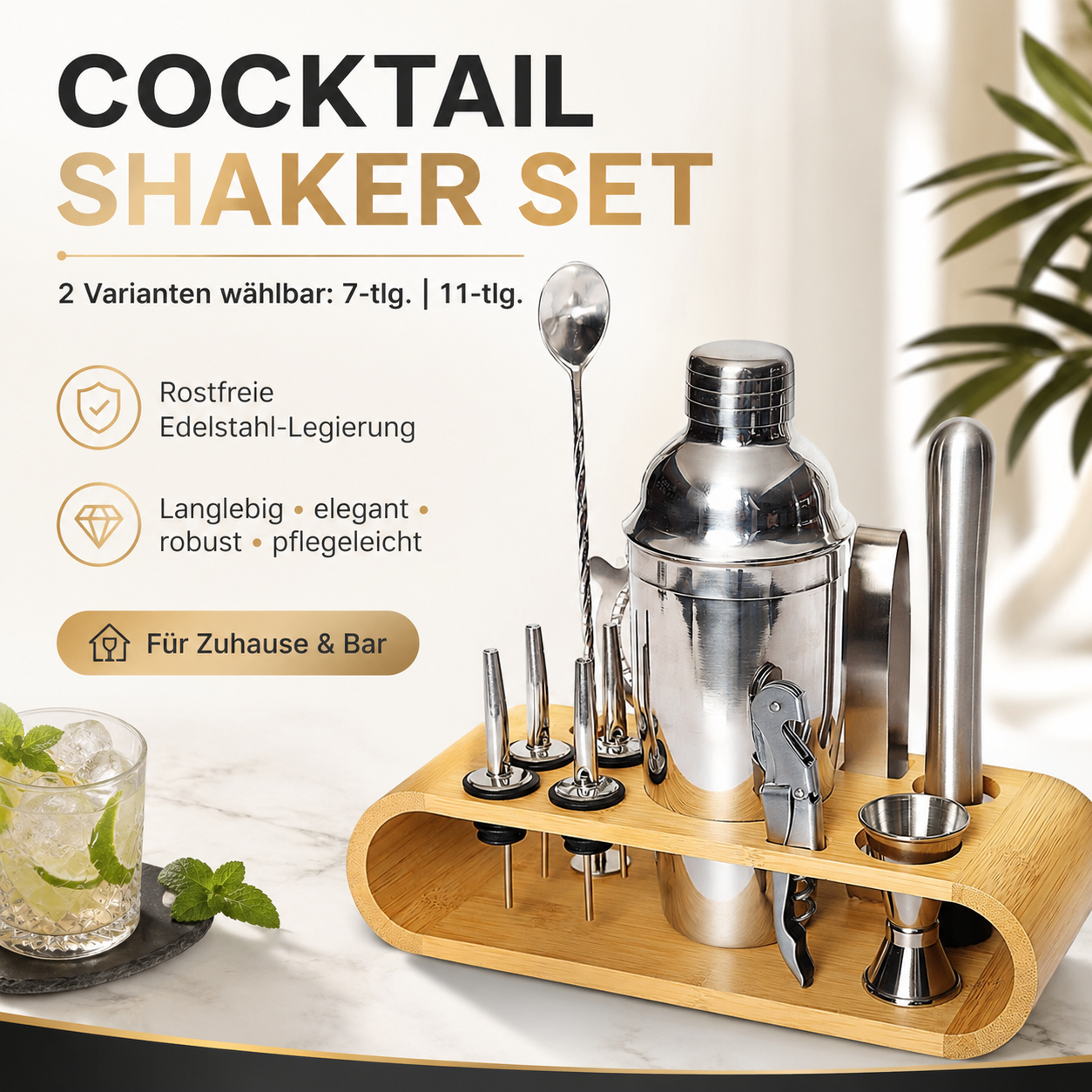 Faizee Home Cocktail-Set Edelstahl 7-tlg. oder 11-tlg. mit Shaker & Barzubehör