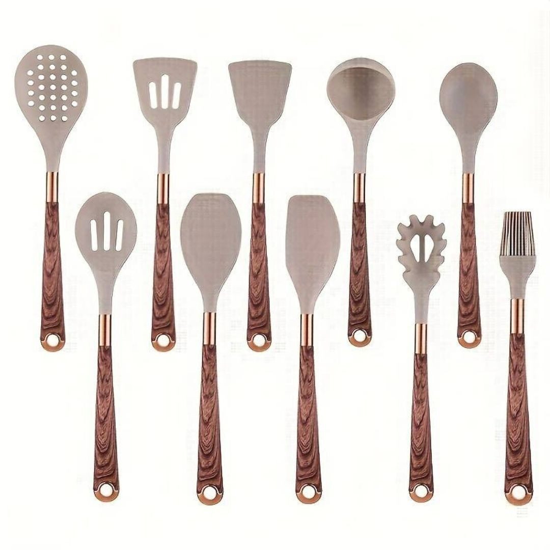 Faizee Home Silikon-Küchenhelfer-Set 10-teilig – Hitzebeständig – Holzoptik-Griffe – Vielseitiges Kochbesteck