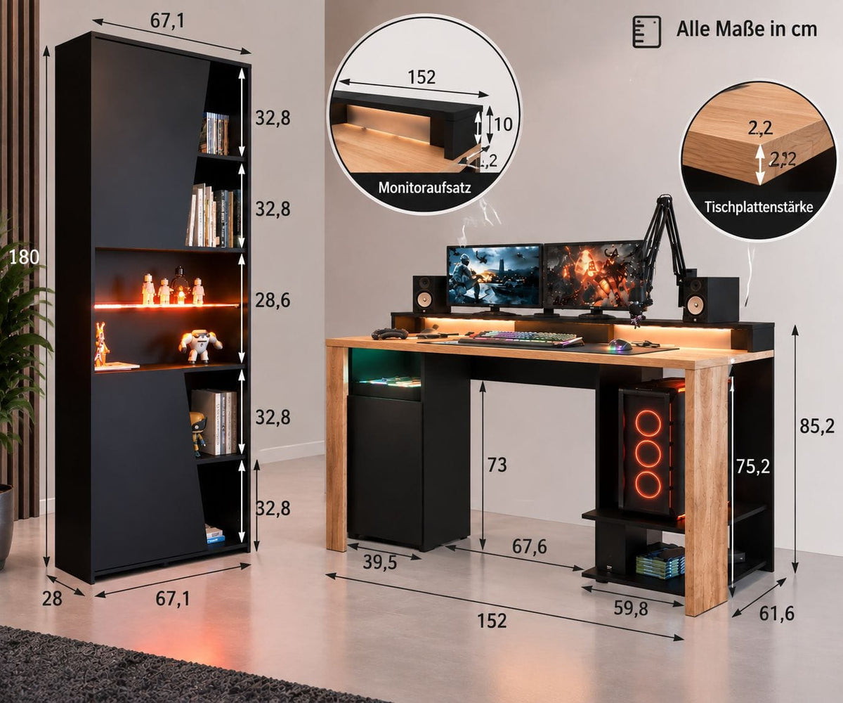 Parisot Meta 12 Gaming Set mit LED – Gaming-Schreibtisch & Regal in Schwarz/Holzoptik