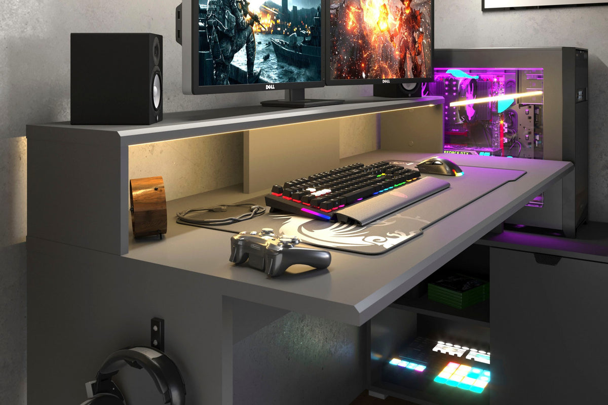 Parisot Work 11 Gaming Tisch 2-teilig – Gaming Eckschreibtisch mit LED Farbwechsel, Headsethalter & Fächern