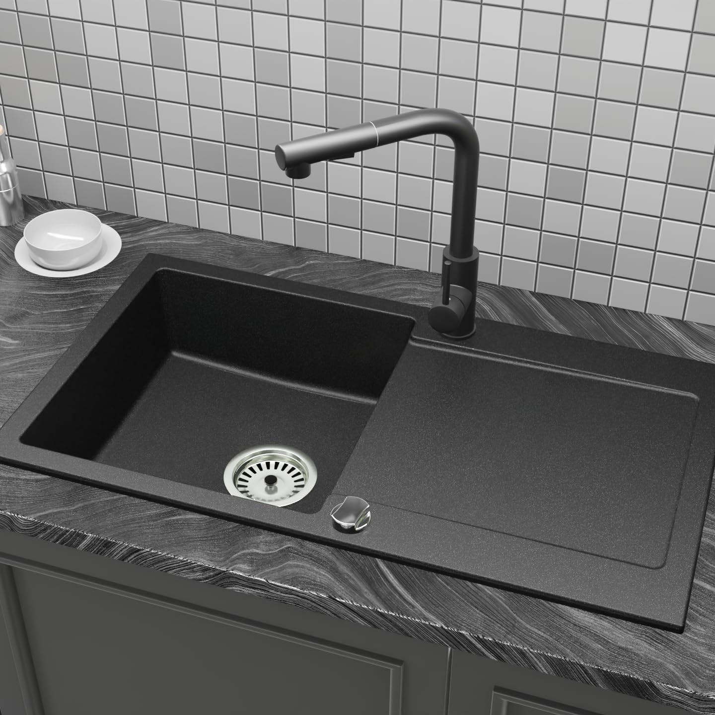 Granitspüle Element 90x50 cm mit Abtropffläche inkl. Armatur & Siphon-Set