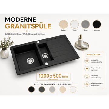 Faizee Home Granitspüle 100x50 cm Küchenspüle mit Siphon Farbwahl