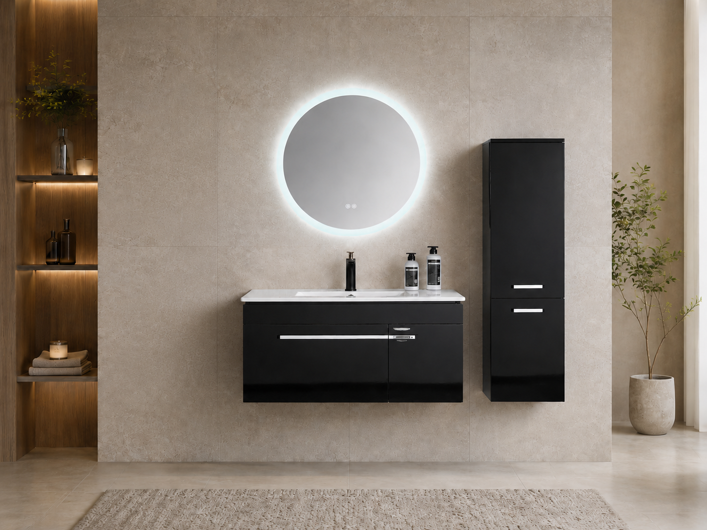 Faizee Home Badmöbelset 90 cm Schwarz Hochglanz inkl. Keramik-Waschbecken, LED-Spiegel & optionalen Seitenschränken