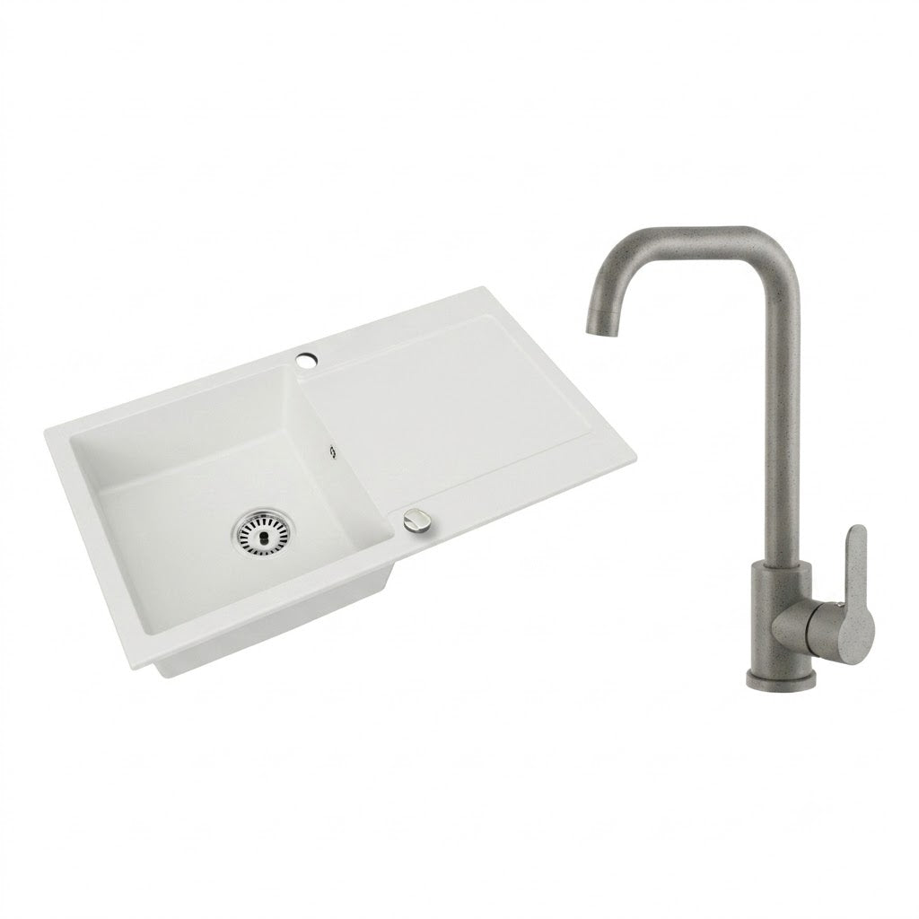 Granitspüle Element mit Abtropffläche – Einbauspüle beidseitig montierbar, inkl. Siphon Mit Armatur