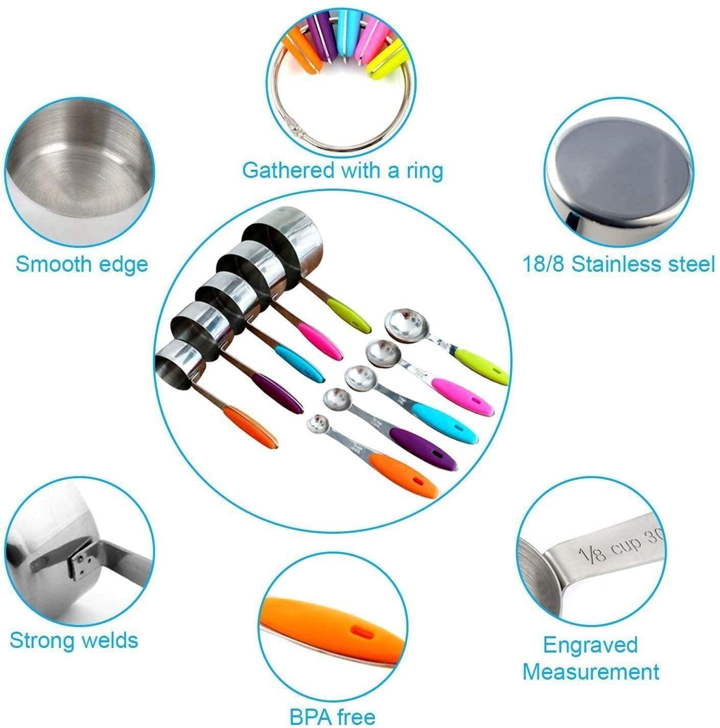 Faizee Home Messbecher & Messlöffel Set 10-teilig – Edelstahl mit Silikongriffen – Stapelbar für Kochen & Backen