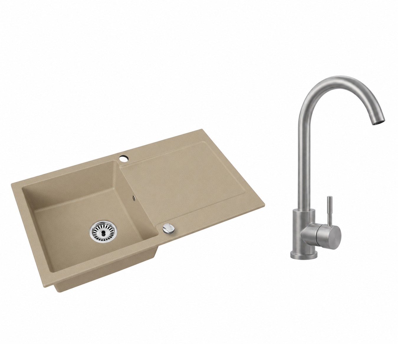 Granitspüle Element mit Abtropffläche – Einbauspüle beidseitig montierbar, inkl. Siphon Mit Armatur
