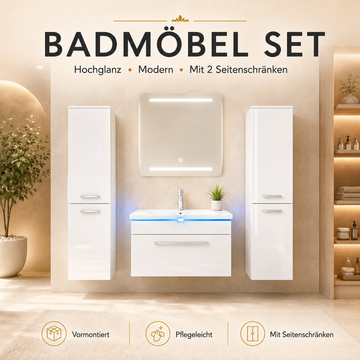 Faizee Home Badmöbelset 60 cm Hochglanz inkl. Keramik-Waschbecken, LED-Spiegel & Soft-Close