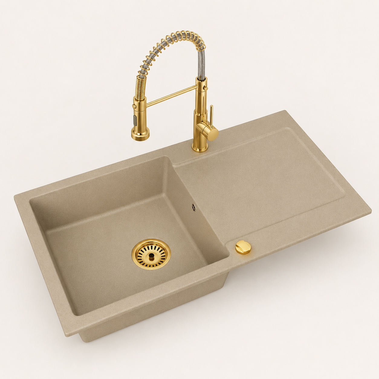 Faizee Home Granitspüle Element 90x50 cm Komplettset mit Gold Armatur & Siphon – wählbar Genial oder Spiral