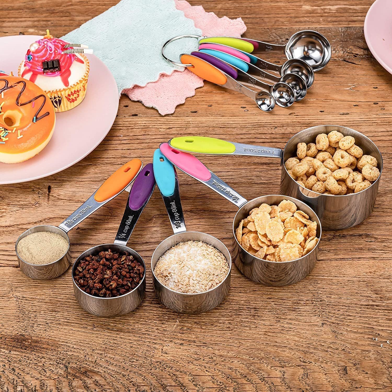Faizee Home Messbecher & Messlöffel Set 10-teilig – Edelstahl mit Silikongriffen – Stapelbar für Kochen & Backen