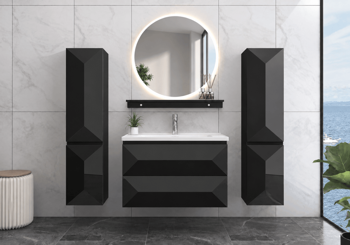 Faizee Home Badmöbel-Set 90 cm Schwarz inkl. Keramik-Waschbecken, Spiegel & wählbaren Seitenschränken