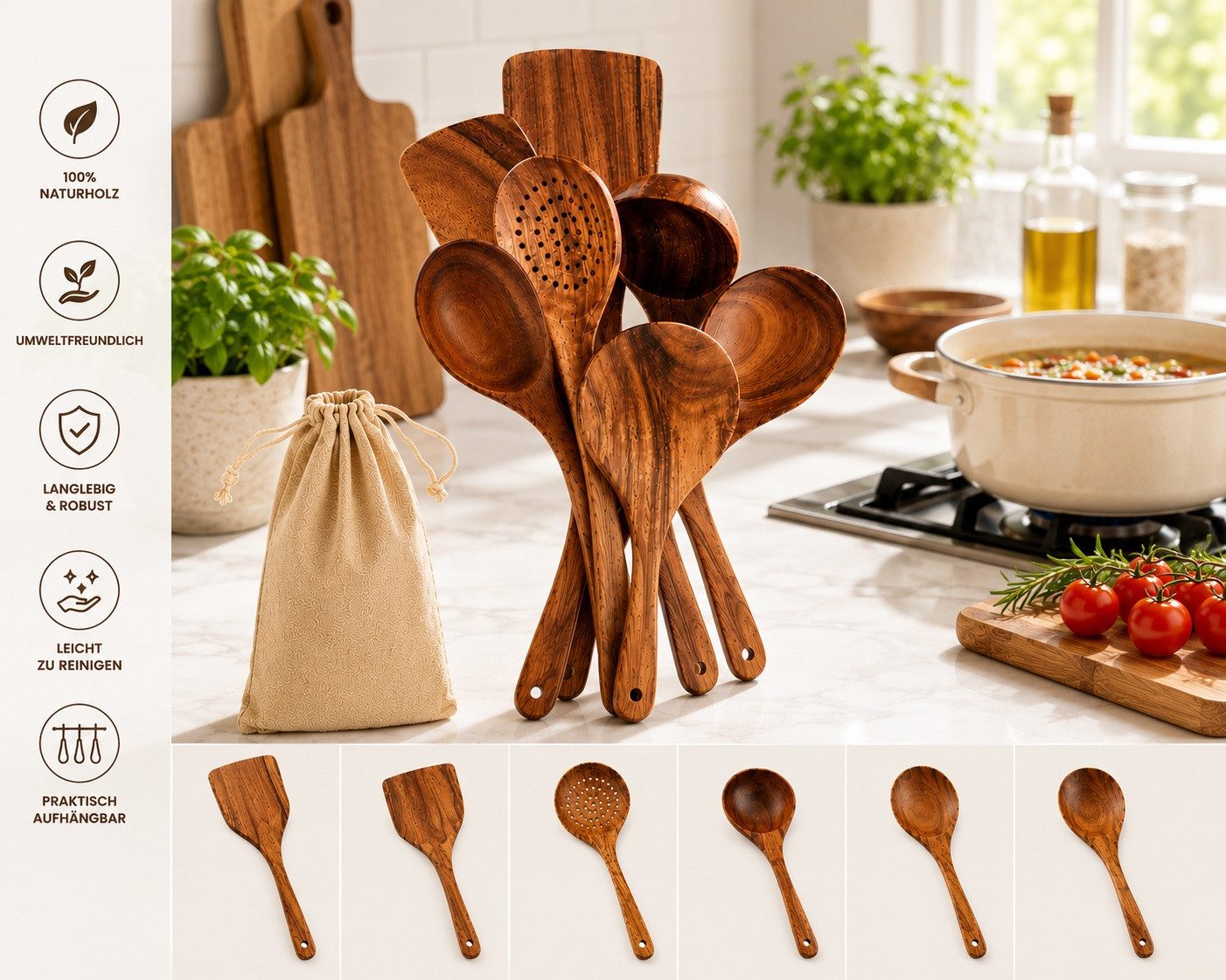 Faizee Home Holz-Kochutensilien-Set 6-teilig – Massivholz Küchenhelfer für Pfannen & Töpfe
