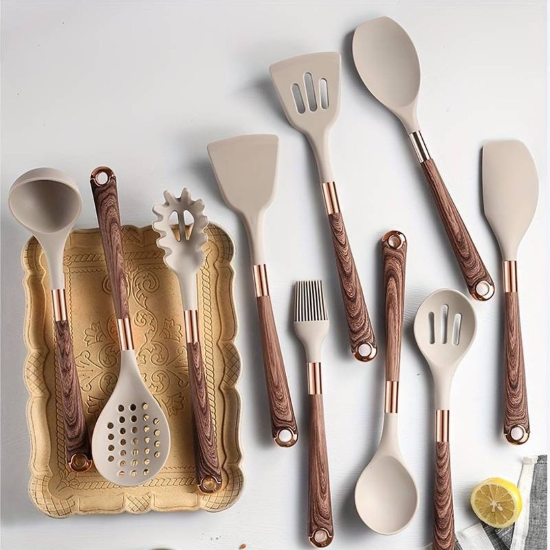 Faizee Home Silikon-Küchenhelfer-Set 10-teilig – Hitzebeständig – Holzoptik-Griffe – Vielseitiges Kochbesteck