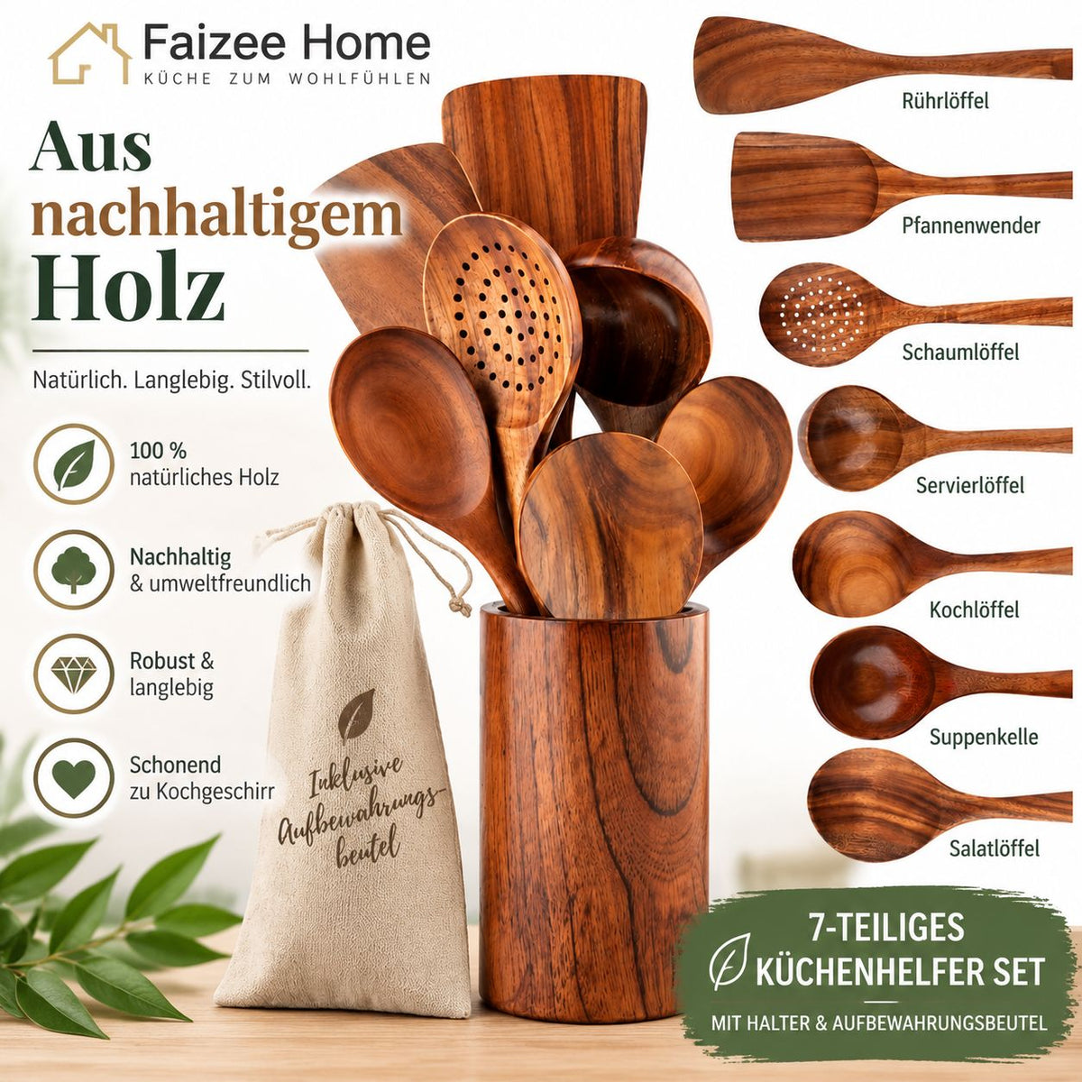 Kochbesteckhalter & Koch-Set Akazienholz 7-tlg