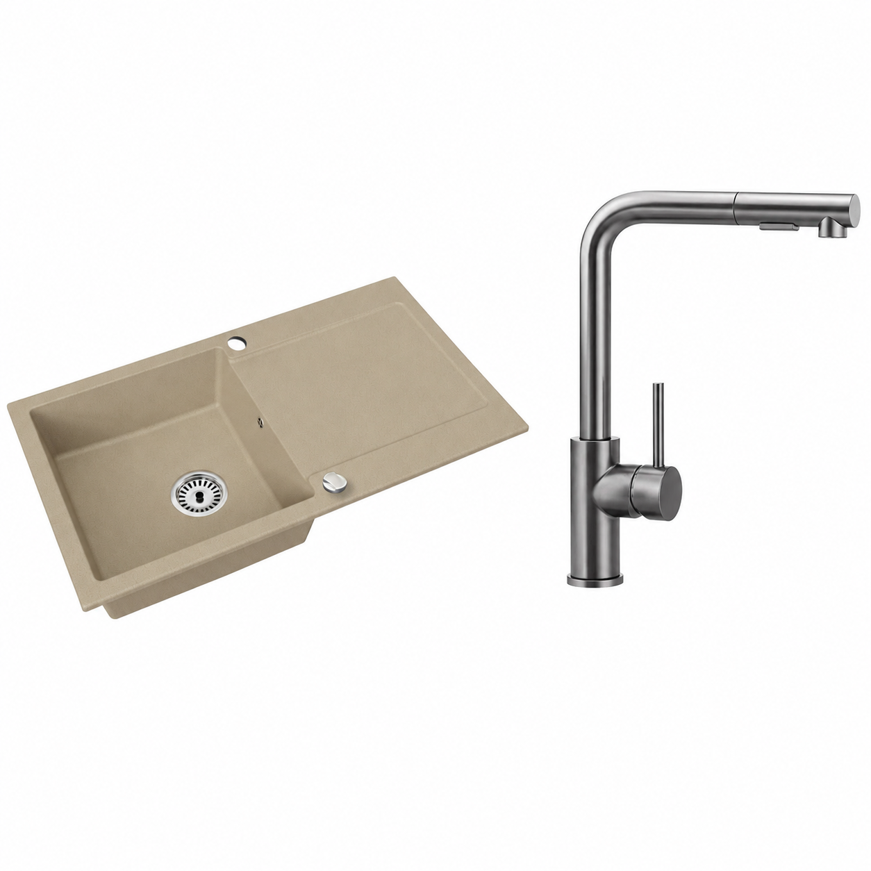 Granitspüle Element mit Abtropffläche – Einbauspüle beidseitig montierbar, inkl. Siphon Mit Armatur