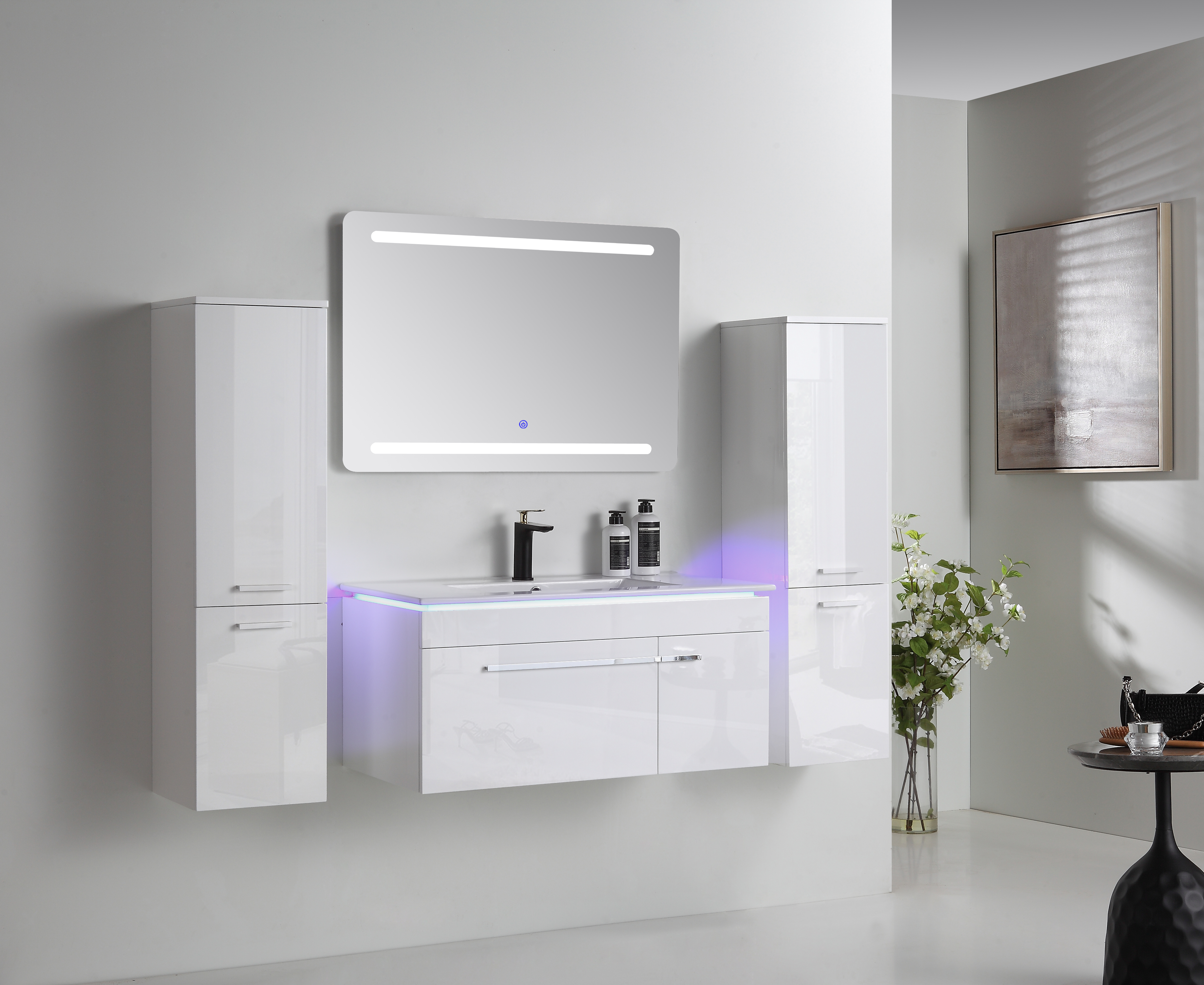 Faizee Home Badmöbelset 90 cm Hochglanz inkl. Keramik-Waschbecken, LED-Spiegel & vormontiertem Unterschrank