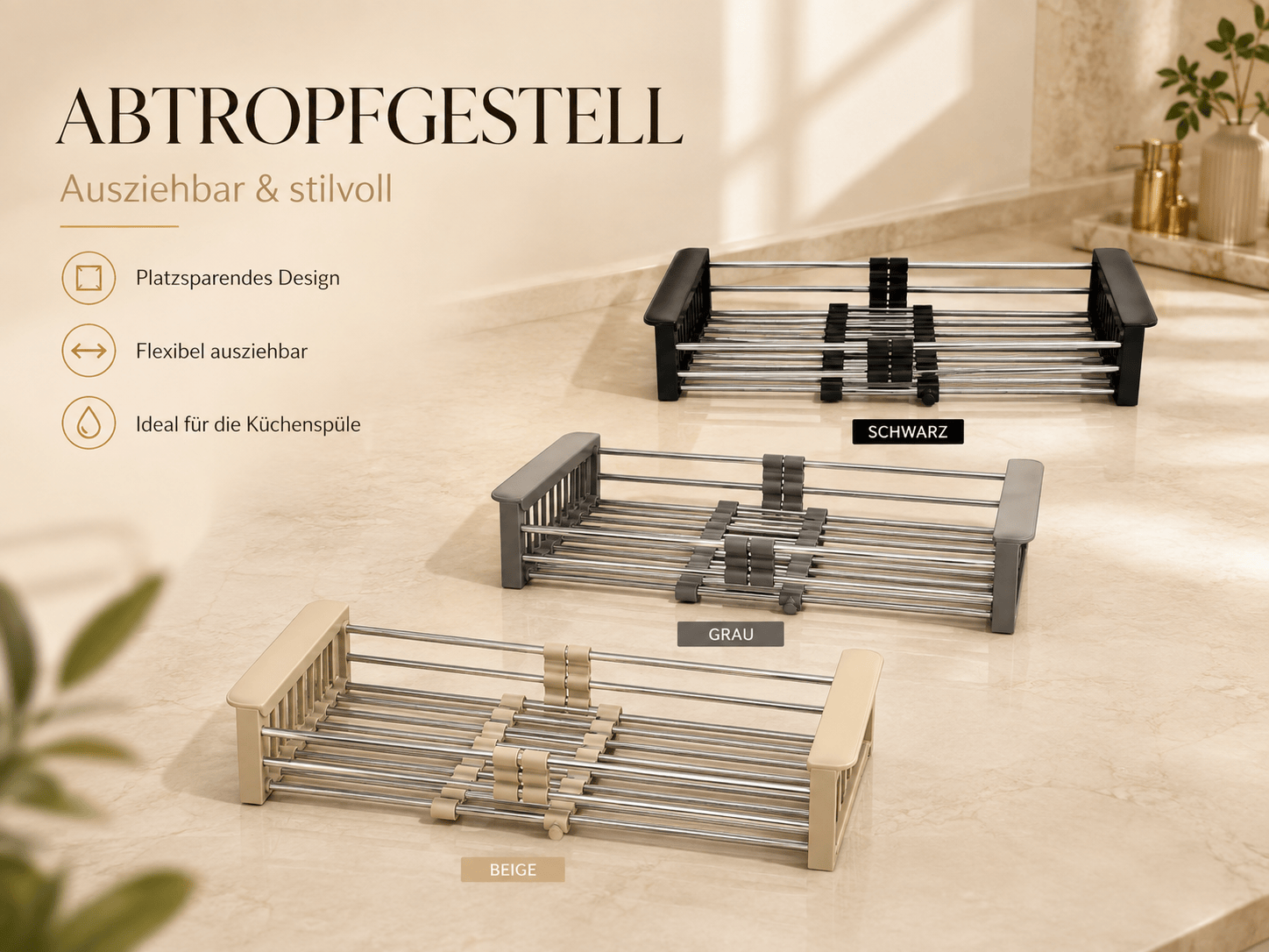 Faizee Home Teleskop-Abtropfgestell – Ausziehbar 30,5–45 cm – Edelstahl & Kunststoff