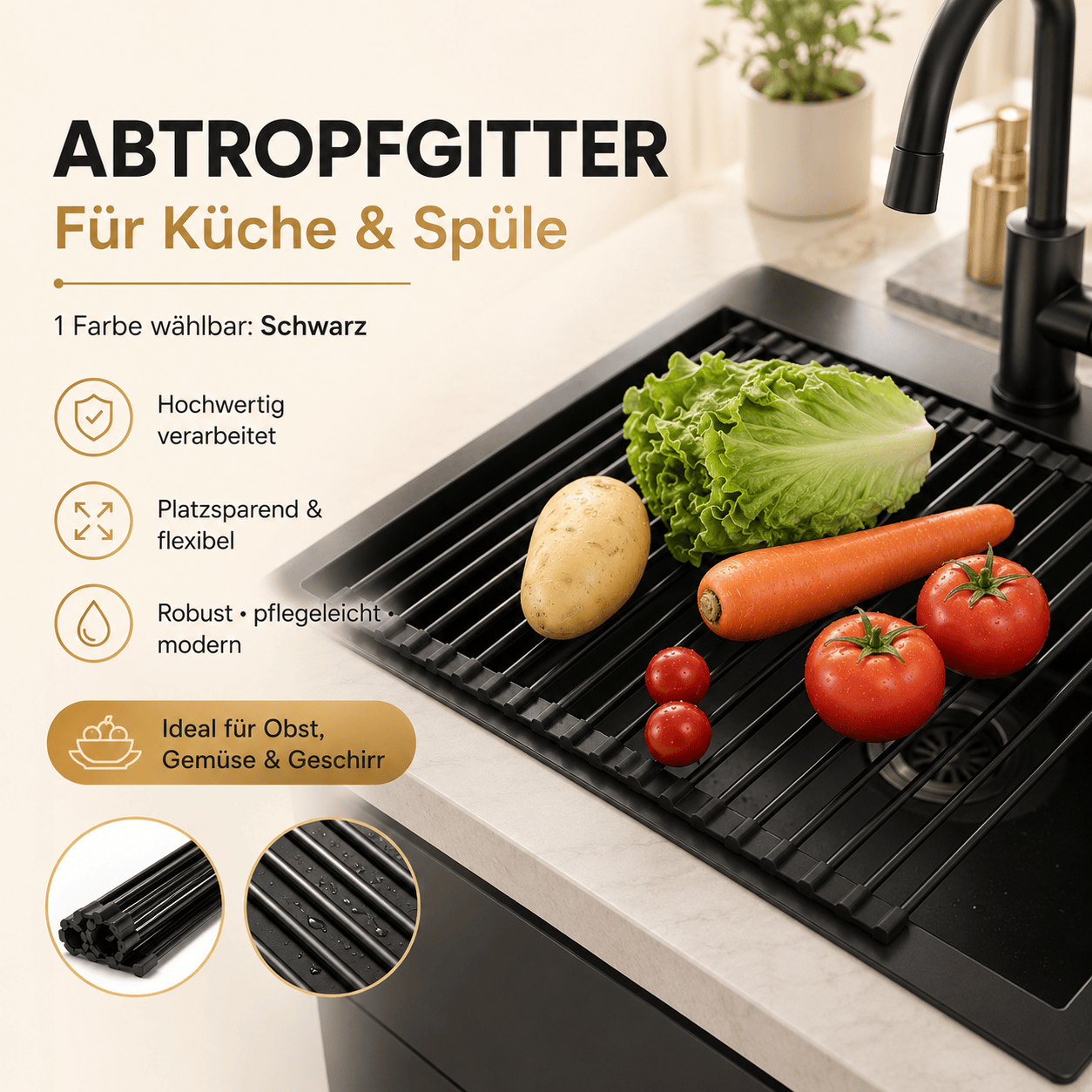 Abtropfgitter Edelstahl 46×33,5 cm – Faltbares Rollgitter für Spülbecken mit rutschfesten Silikon-Enden