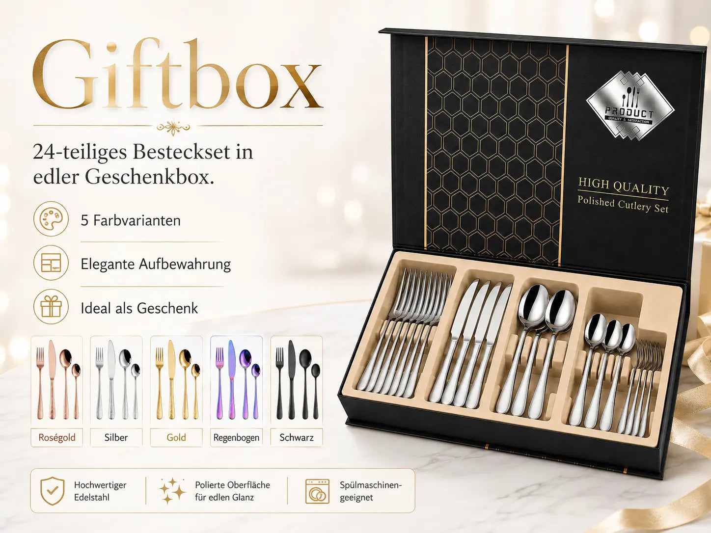 Faizee Home 24-teiliges Besteckset für 6 Personen – Edelstahl, 5 Farben & Geschenkbox