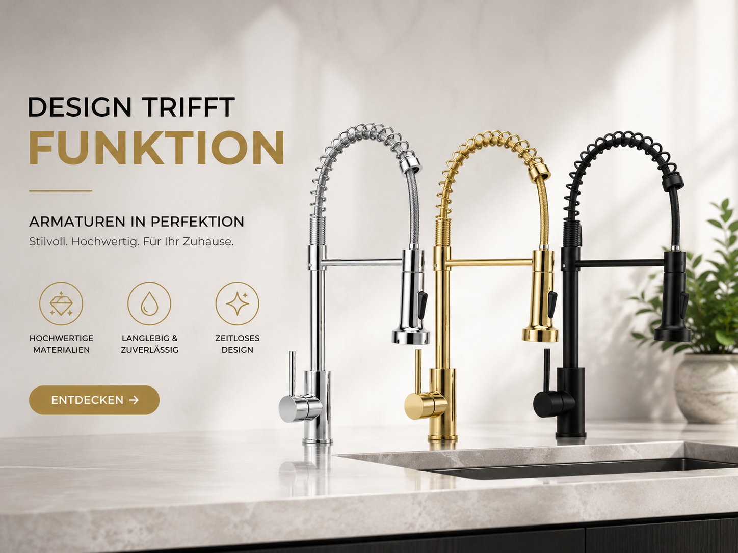 Spiral Küchenarmatur Schwarz, Gold oder Silber – Profi-Armatur mit Ausziehbrause, 360° Drehung & Messingkörper