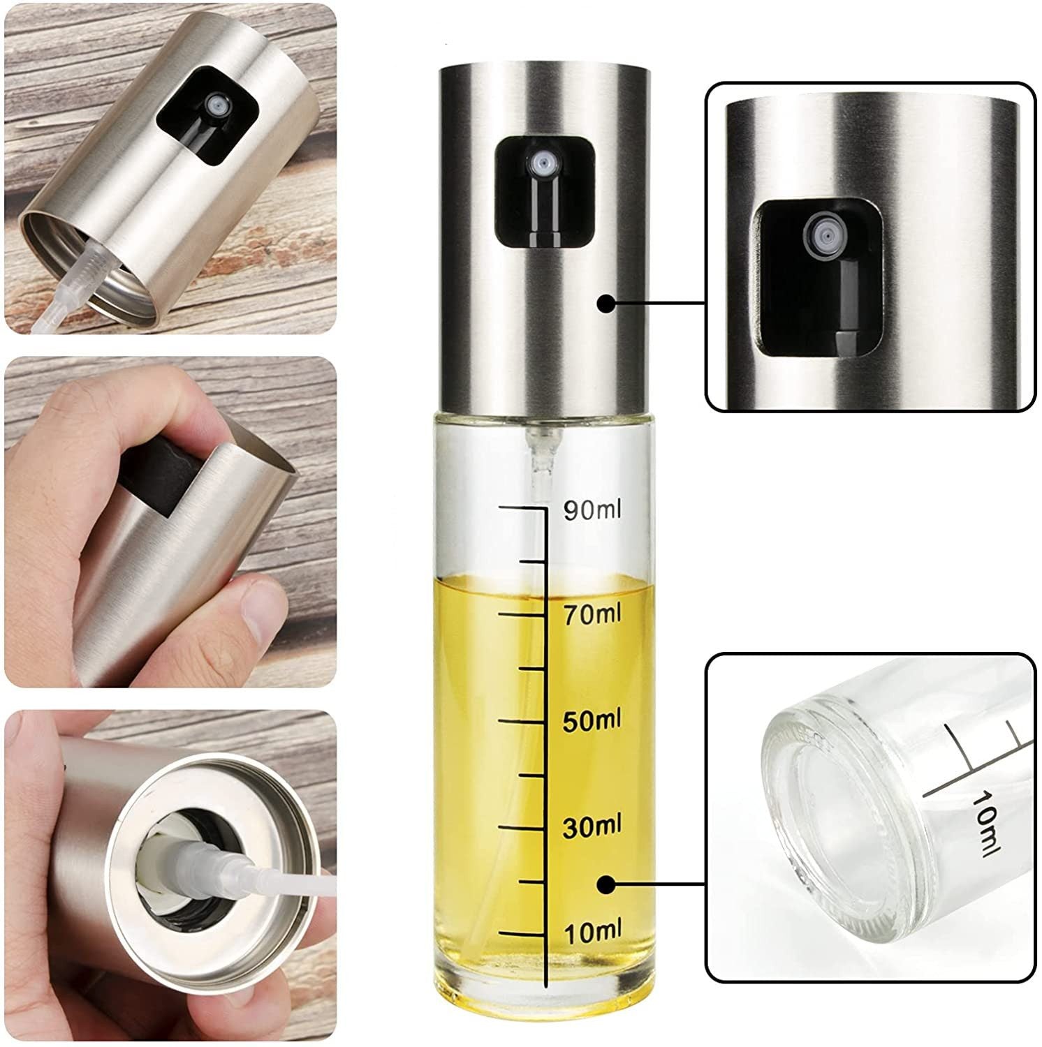 Faizee Home Ölsprüher 100 ml – Glas & Edelstahl – Für Öl, Essig, Airfryer, Grill & Salat