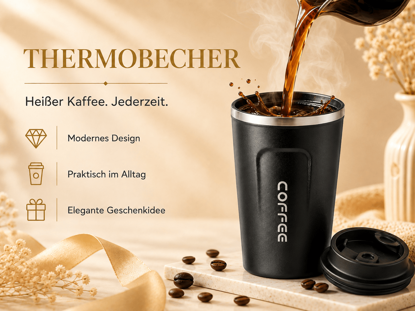Faizee Home Thermobecher 380 ml – Doppelwandiger Edelstahl – Bis zu 6 Std. Warm & Kalt – BPA-freier Deckel