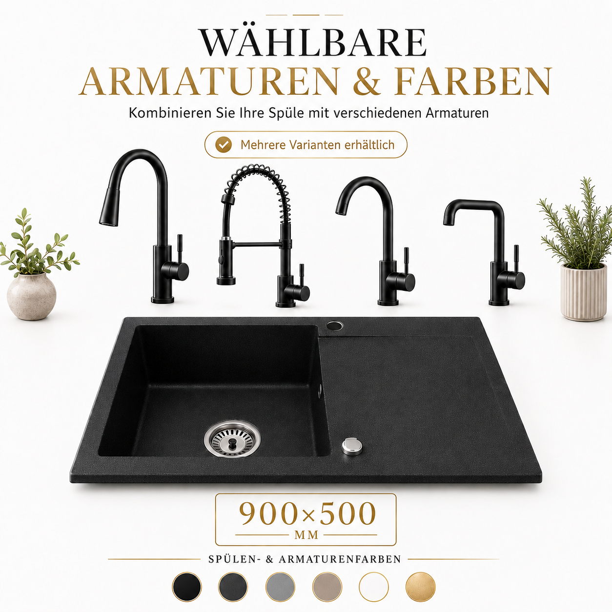 Granitspüle Element mit Abtropffläche – Einbauspüle beidseitig montierbar, inkl. Siphon Mit Armatur