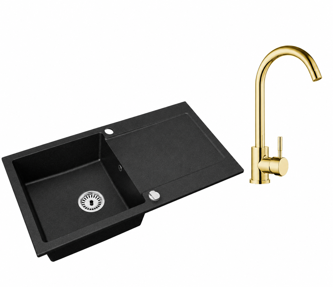 Granitspüle Element mit Abtropffläche – Einbauspüle beidseitig montierbar, inkl. Siphon Mit Armatur