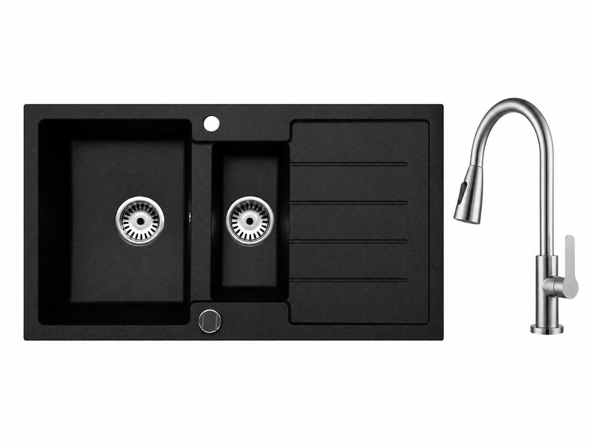 Faizee Home Granitspüle 100 × 50 cm mit 1,5 Becken – inkl. wählbarer Armatur & Siphon-Set