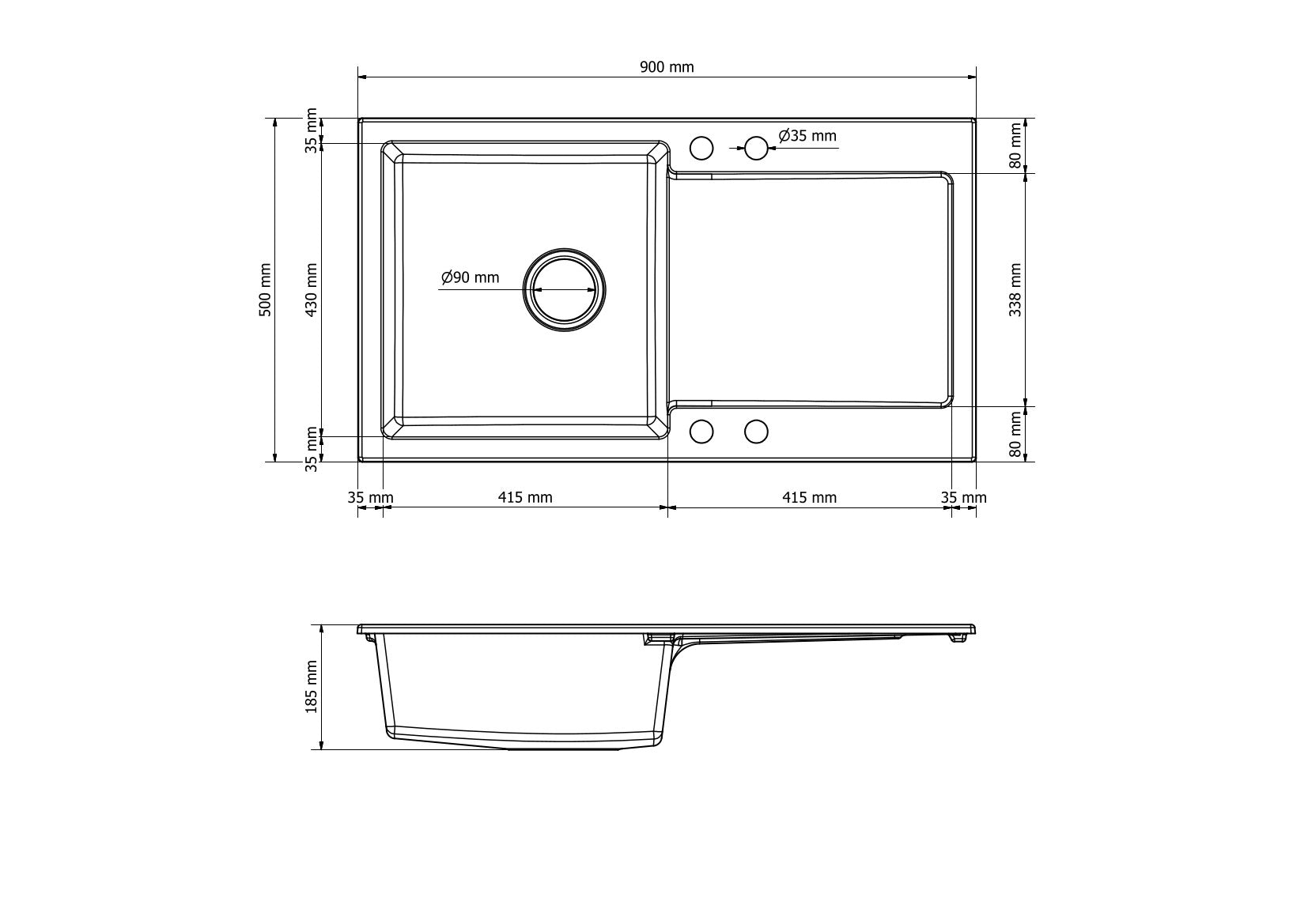 Granitspüle 90x50 cm mit Abtropffläche – Element Einbauspüle beidseitig montierbar, inkl. Siphon